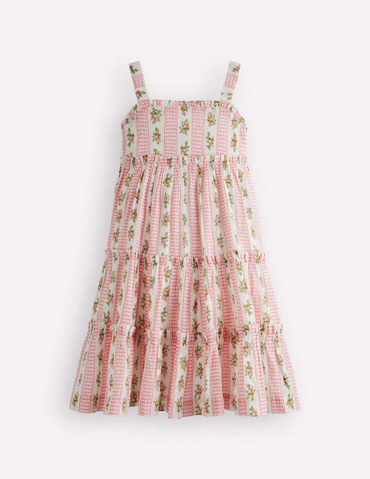 Tiered Midi Sundress-Soft Ivory Gingham Floral