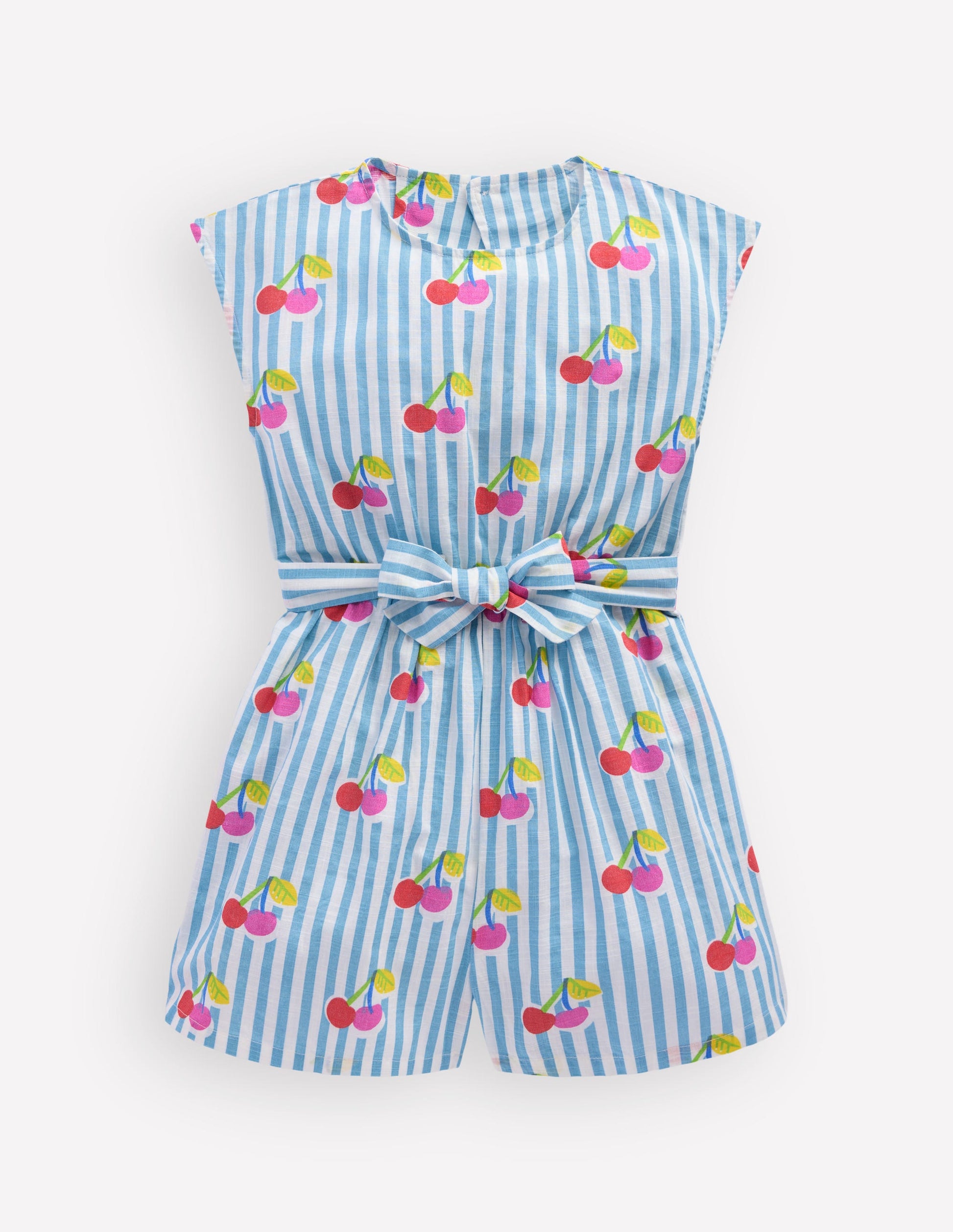 Tie Waist Woven Playsuit-Blue Cherry Stripe-2