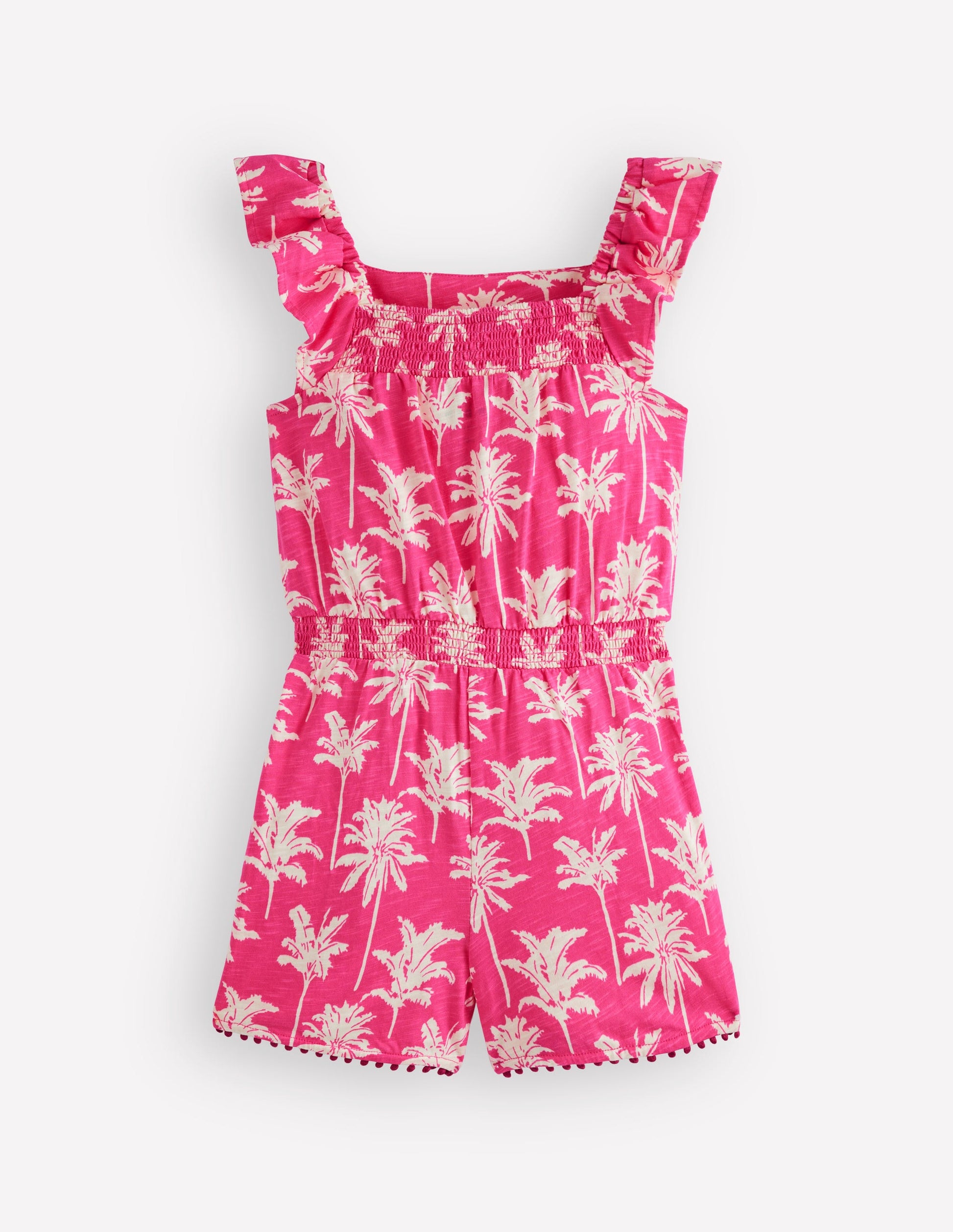 Ciara Pom Trim Jersey Playsuit-Pink Palm Trees-2