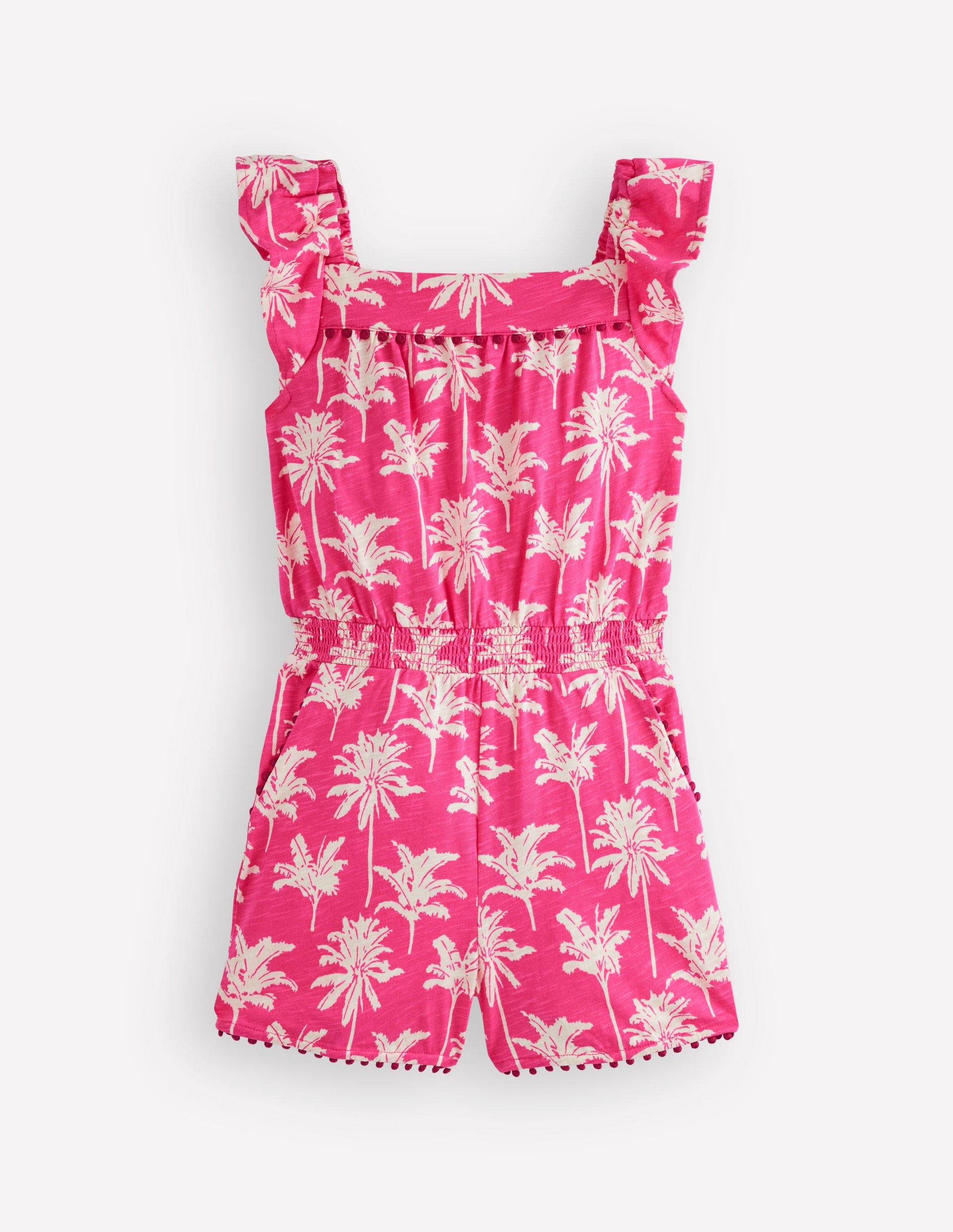 Ciara Pom Trim Jersey Playsuit-Pink Palm Trees-1