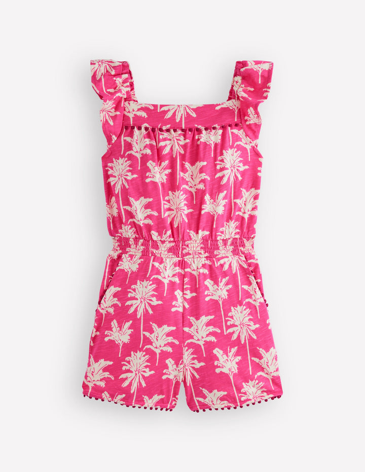 Ciara Pom Trim Jersey Playsuit-Pink Palm Trees