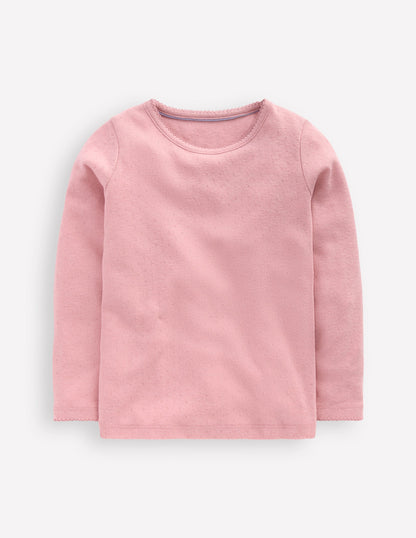 Long Sleeve Pointelle Top-Pink-1