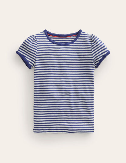 Short Sleeve Pointelle Top-Soft Ivory/Starboard Blue-1