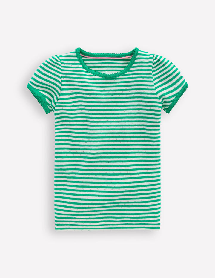 Short Sleeve Pointelle Top-Green/Ivory Stripe