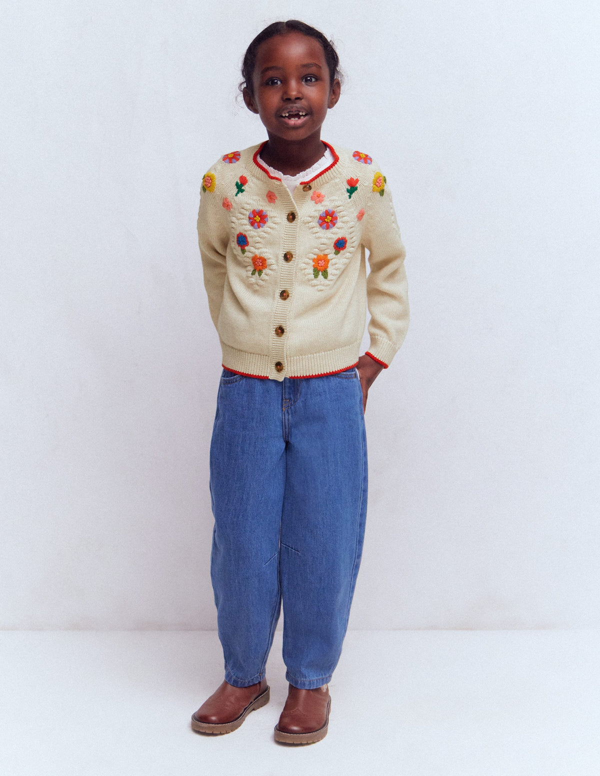 Cotton Embroidered Cardigan-Ecru Marl Flowers - Image 1