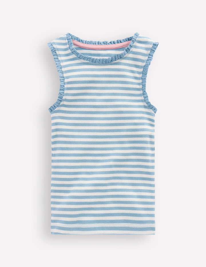 Ribbed Lace Trim Vest-Glacier Blue Stripe