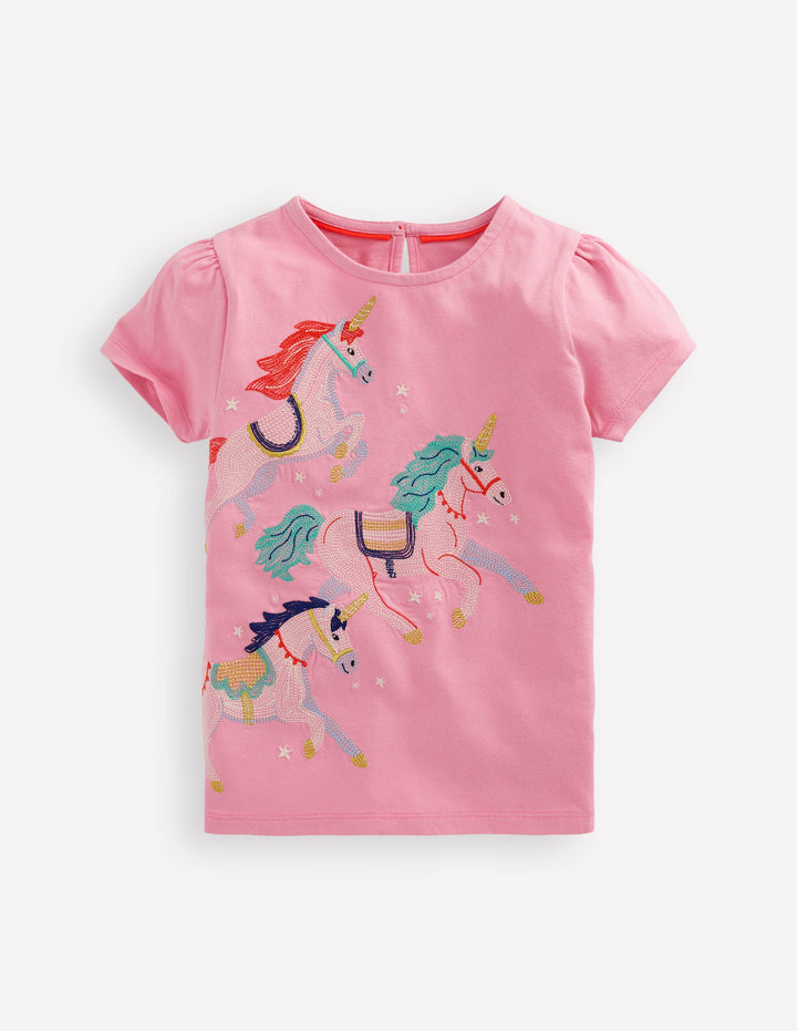 Puff Sleeve Superstitch Top-Pink Unicorns