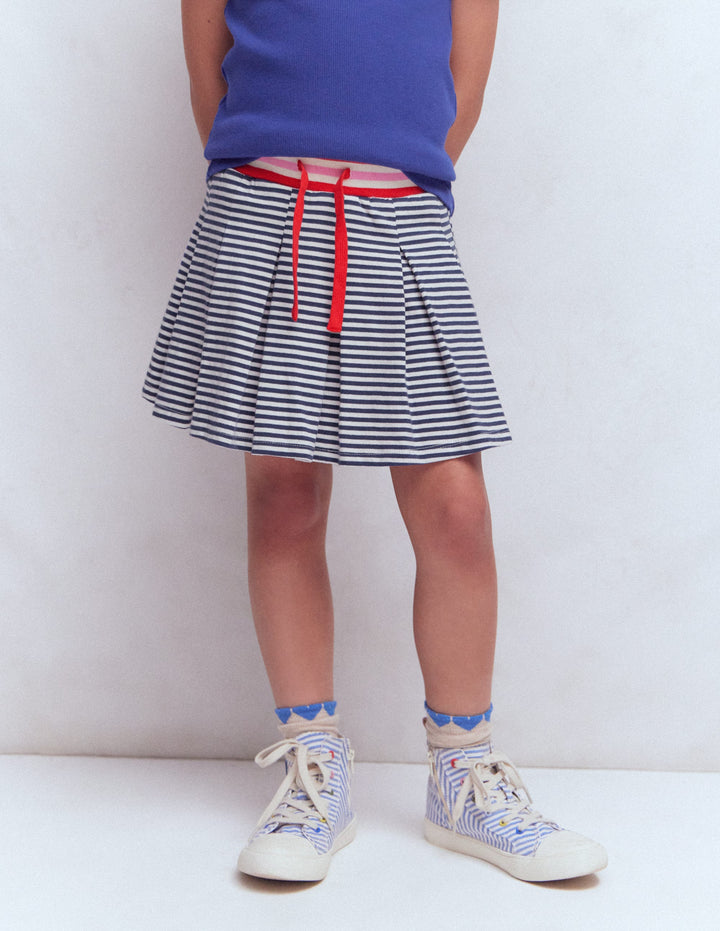 Pleated Jersey Skort-Navy Stripe
