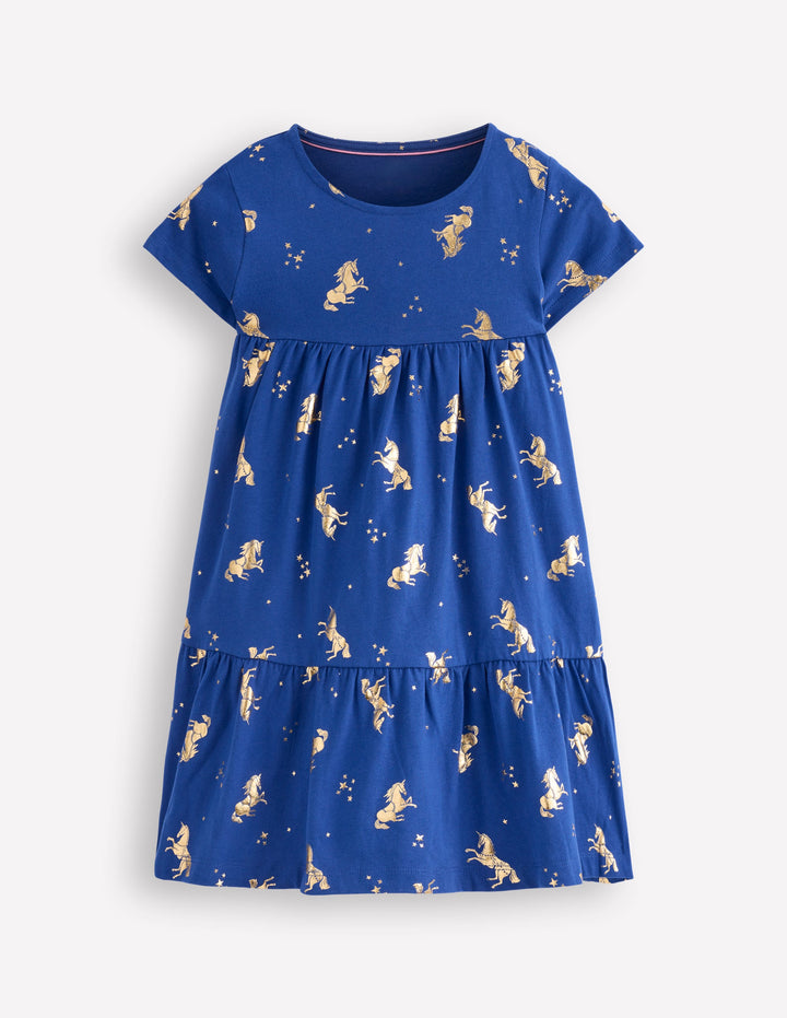 Ariel Twirly Jersey Dress-Sapphire Blue Unicorns
