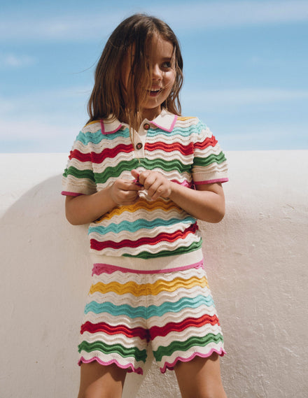 Pointelle Knitted Shorts-Ivory Multi Rainbow