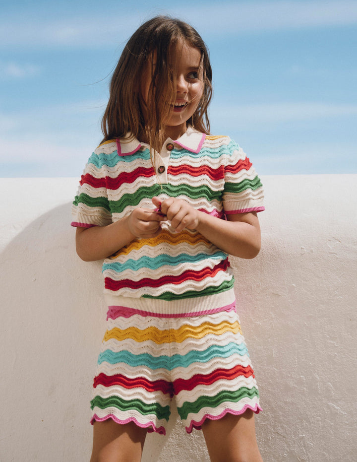 Pointelle Knitted Shorts-Ivory Multi Rainbow