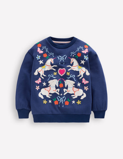 Bobbie Appliqué Sweatshirt-Navy Unicorns-1