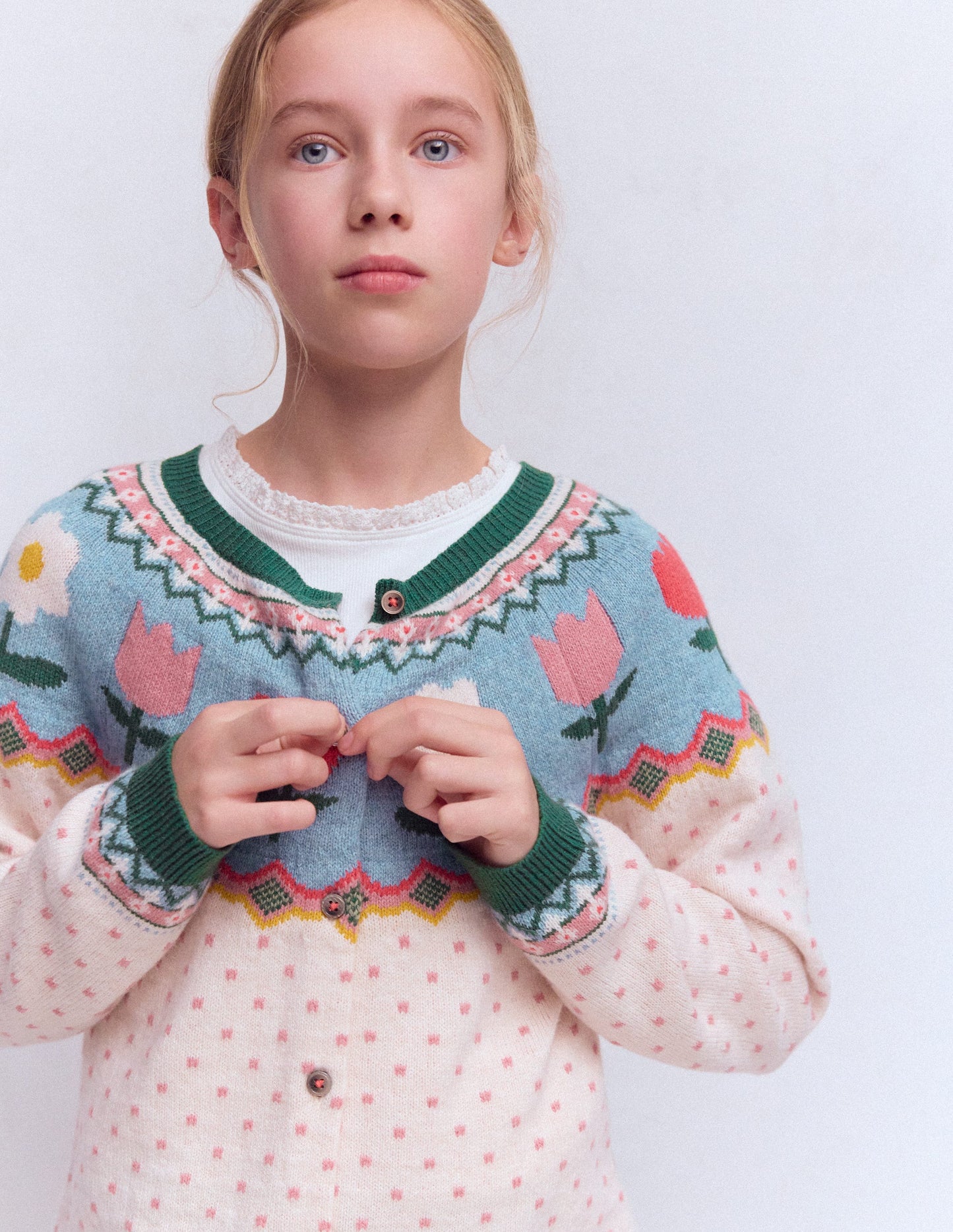 Edie Fair Isle Cardigan-Ecru Marl Spot FLowers