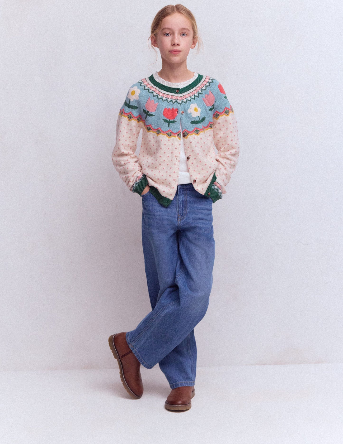 Edie Fair Isle Cardigan-Ecru Marl Spot FLowers