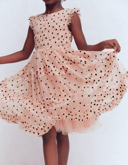 Tulle Bow Occasion Dress-Rose Smoke Flock Spot-1