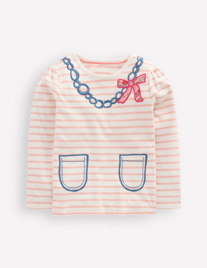 Puff Sleeve Appliqué  T-shirt-Lotus Necklace Stripe-1