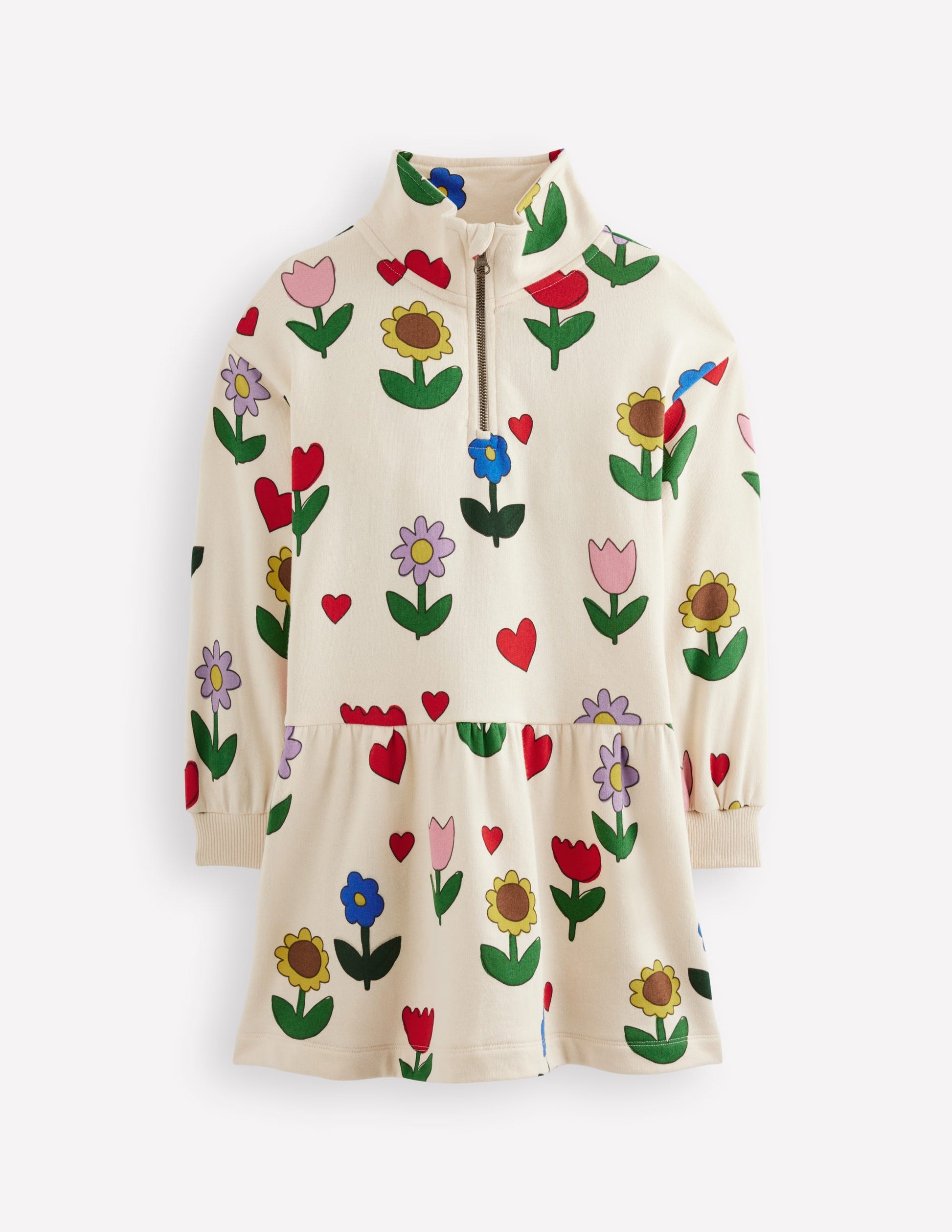 Half Zip Sweat Dress-Calico White Sunflower Garden-5