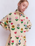 Half Zip Sweat Dress-Calico White Sunflower Garden