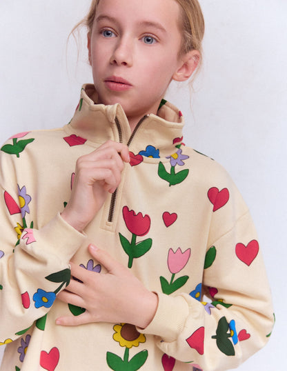 Half Zip Sweat Dress-Calico White Sunflower Garden-2