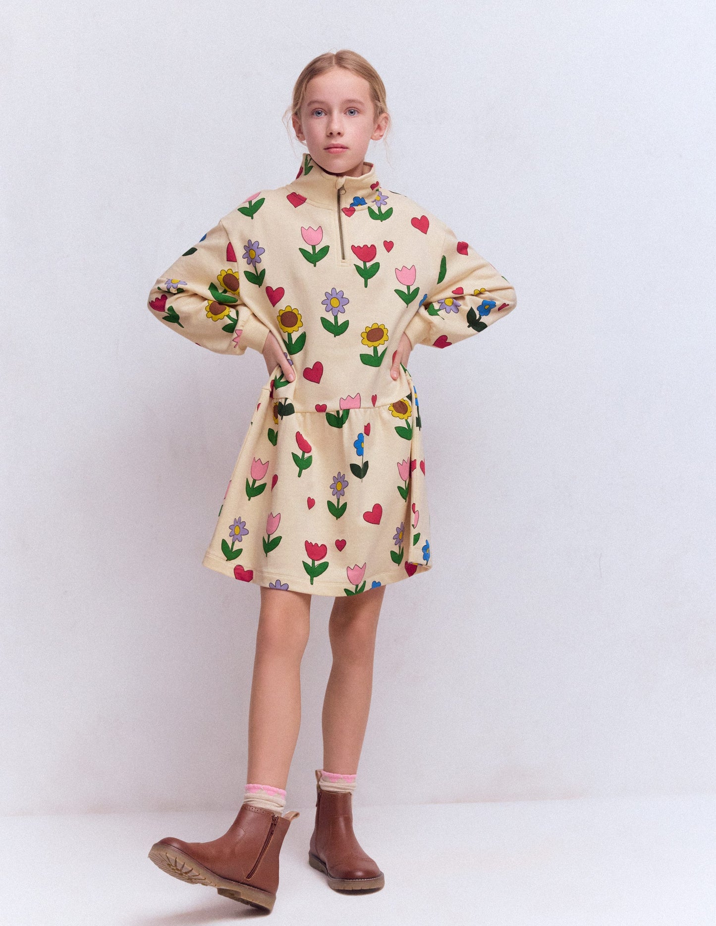 Half Zip Sweat Dress-Calico White Sunflower Garden