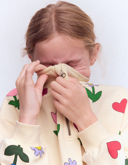 Half Zip Sweat Dress-Calico White Sunflower Garden-4