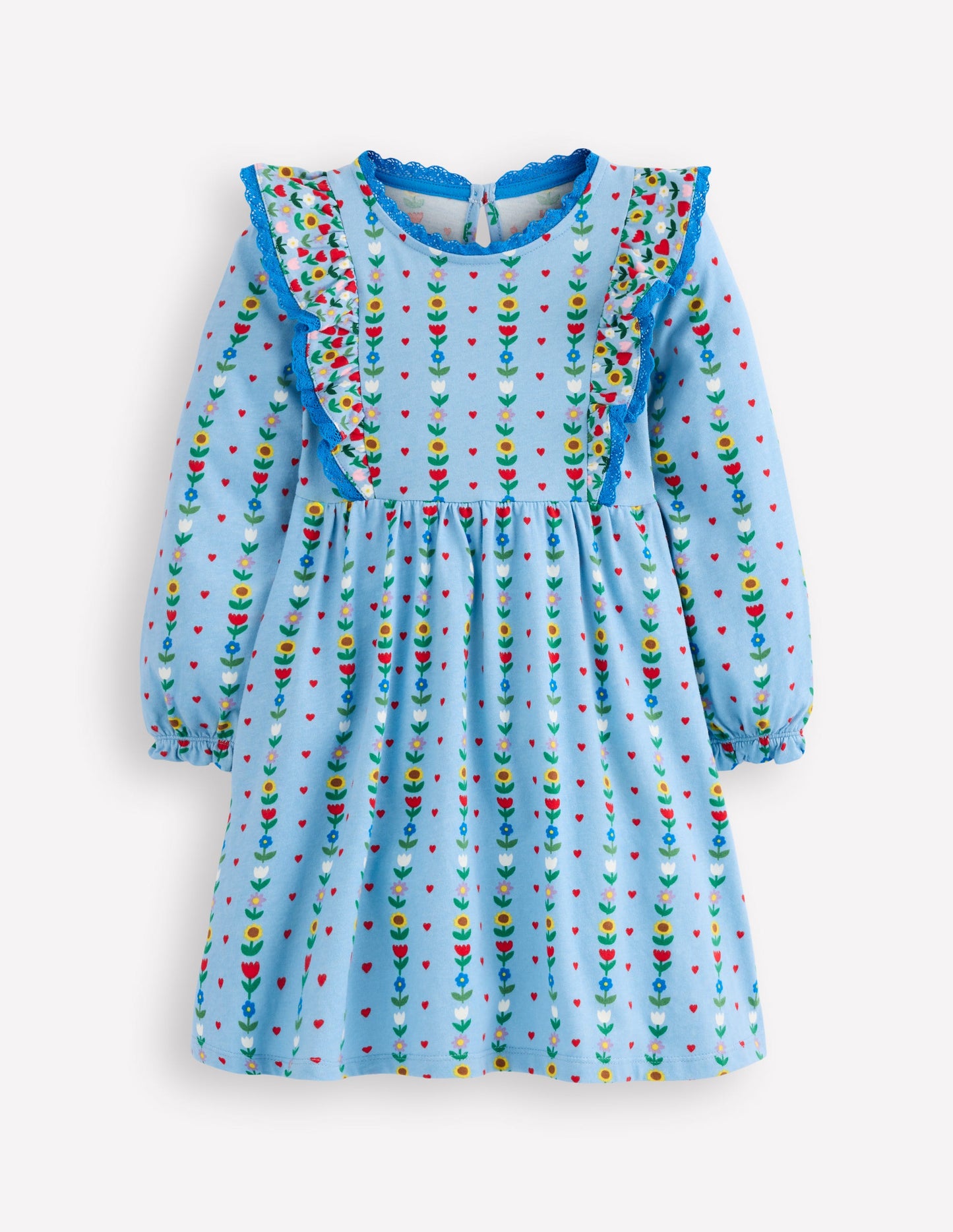 Long Sleeve Ruffle Dress-Glacier Blue Garden Stripe