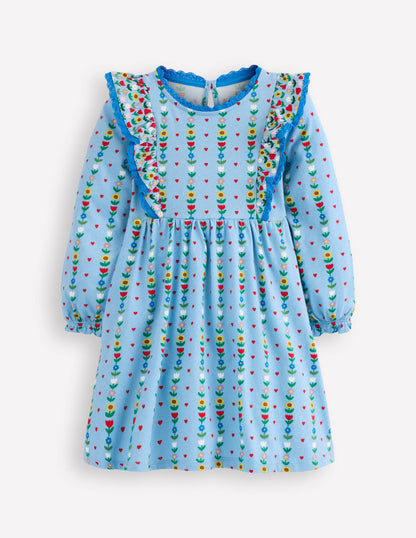 Long Sleeve Ruffle Dress-Glacier Blue Garden Stripe-1