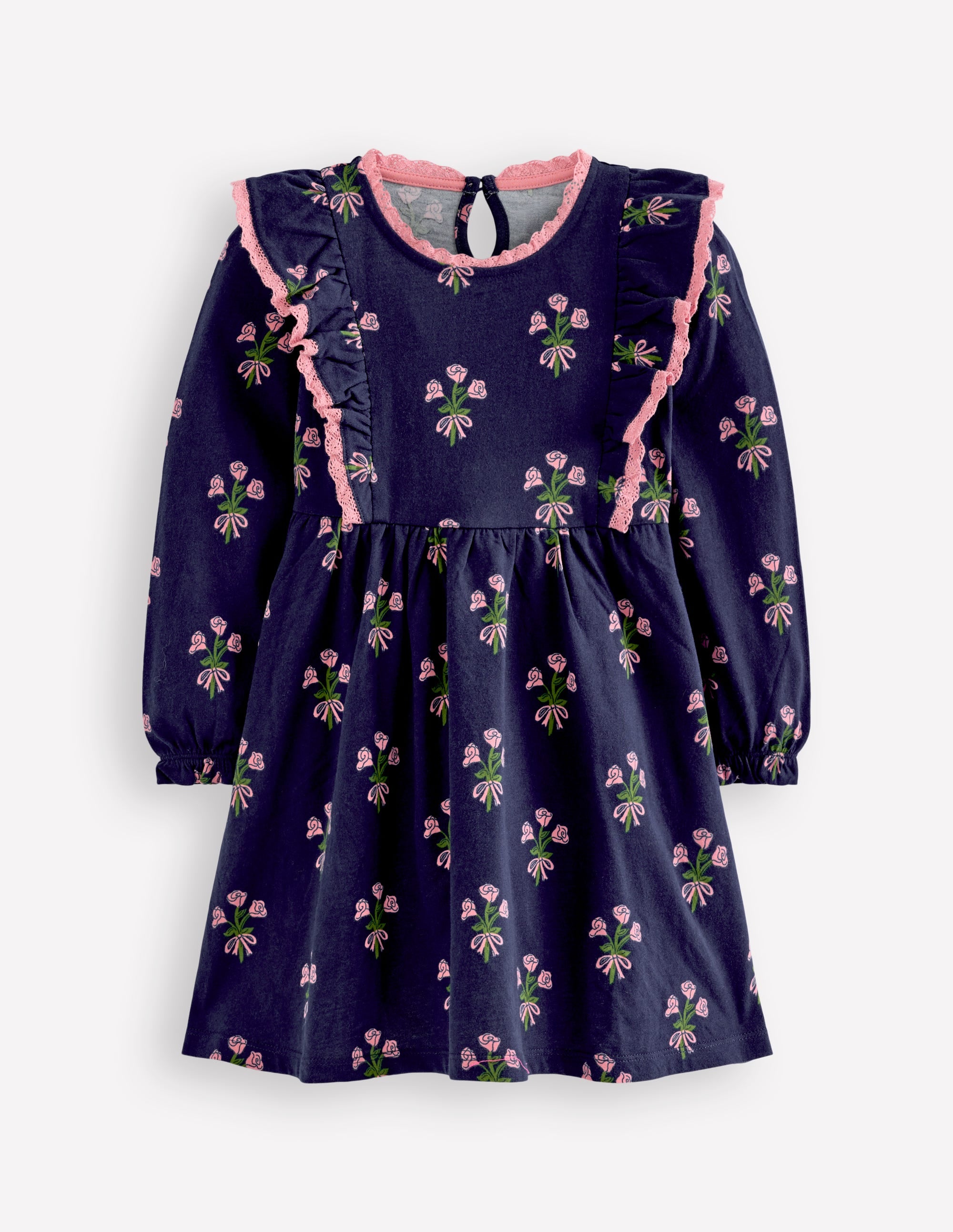 Long Sleeve Ruffle Dress-College Navy Posy - Image 1