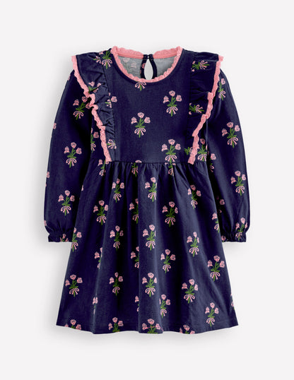 Long Sleeve Ruffle Dress-College Navy Posy-1