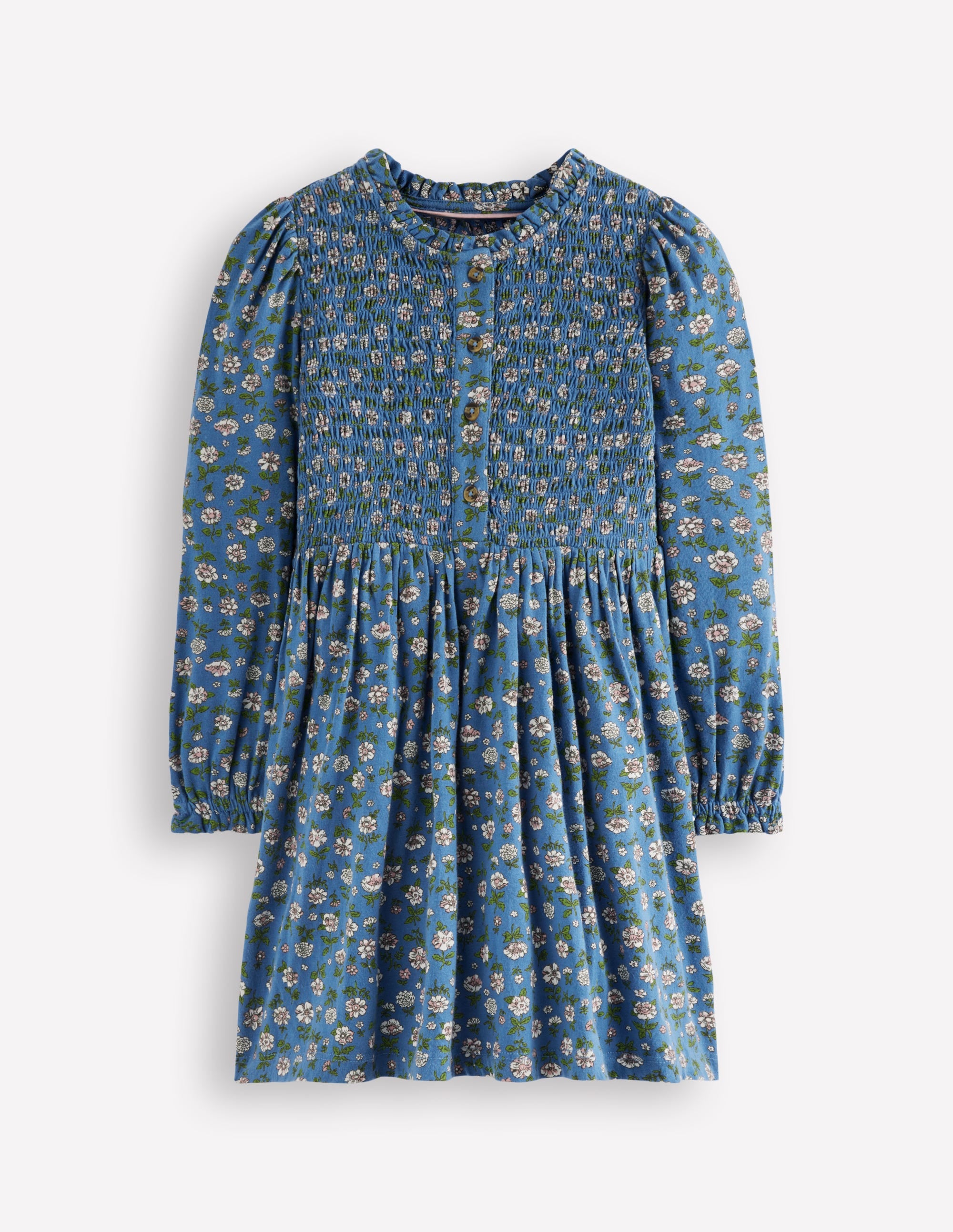 Shirred Bodice Jersey Dress-Bluejay Garden Flower - Image 1