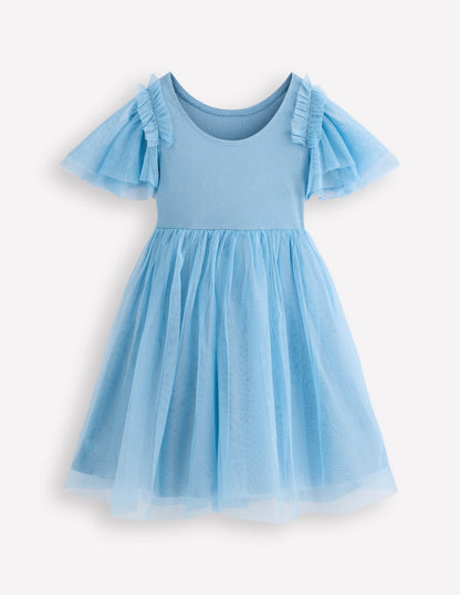 Short Sleeve Logo Tulle Dress-Glacier Blue Roses-2