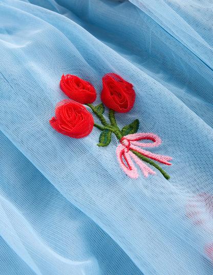 Short Sleeve Logo Tulle Dress-Glacier Blue Roses-3