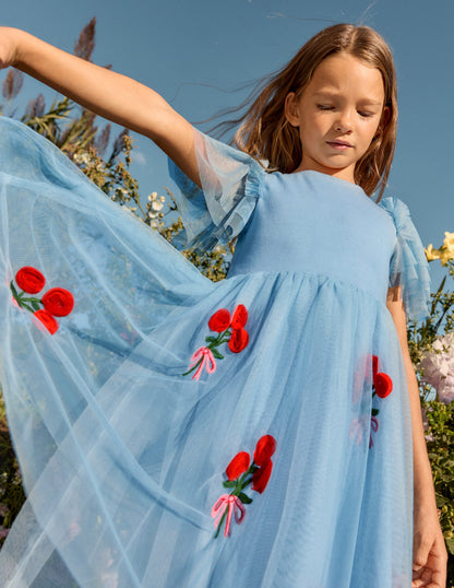 Short Sleeve Logo Tulle Dress-Glacier Blue Roses-4