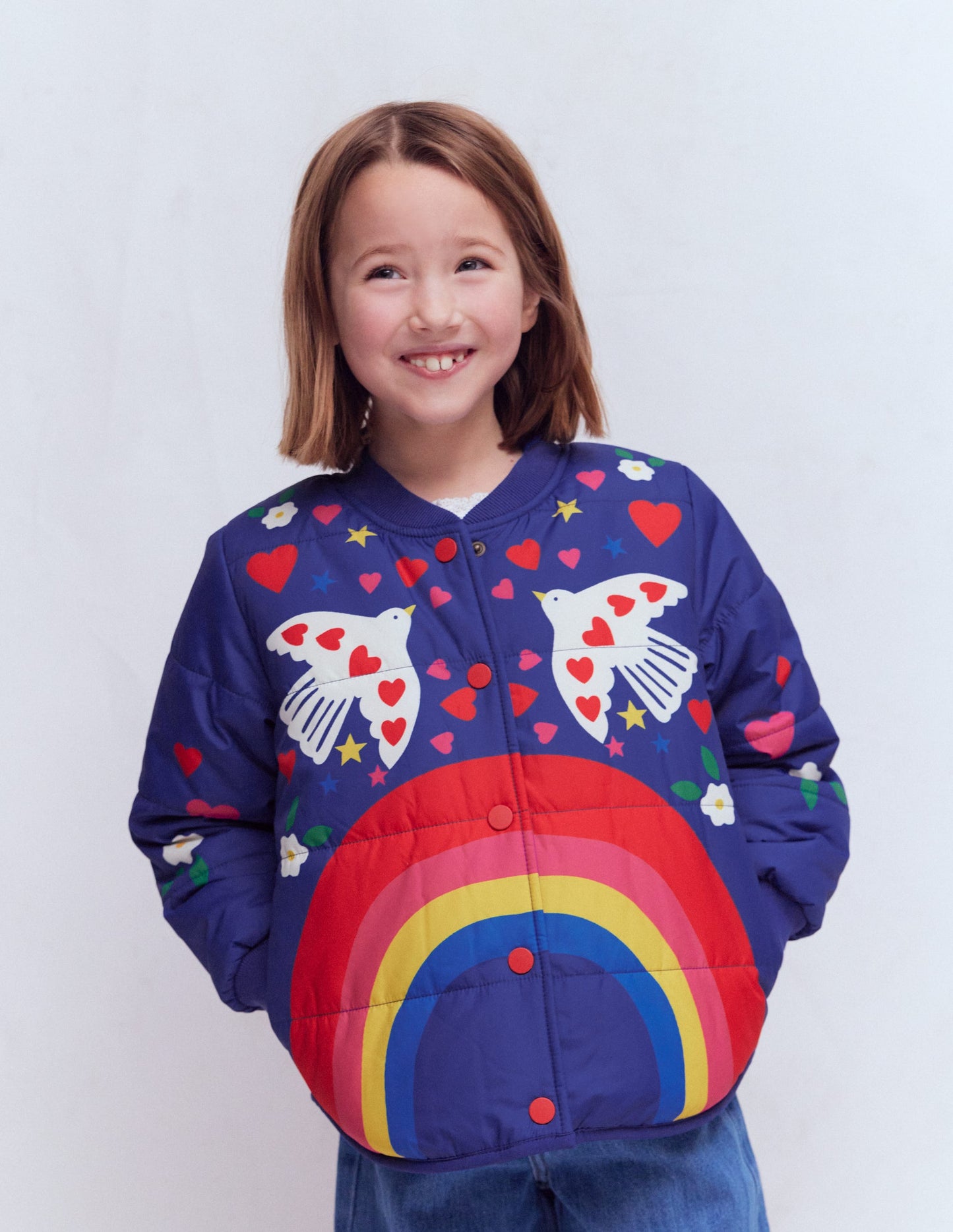 Fun Bomber Jacket-Navy Placement Rainbow Print