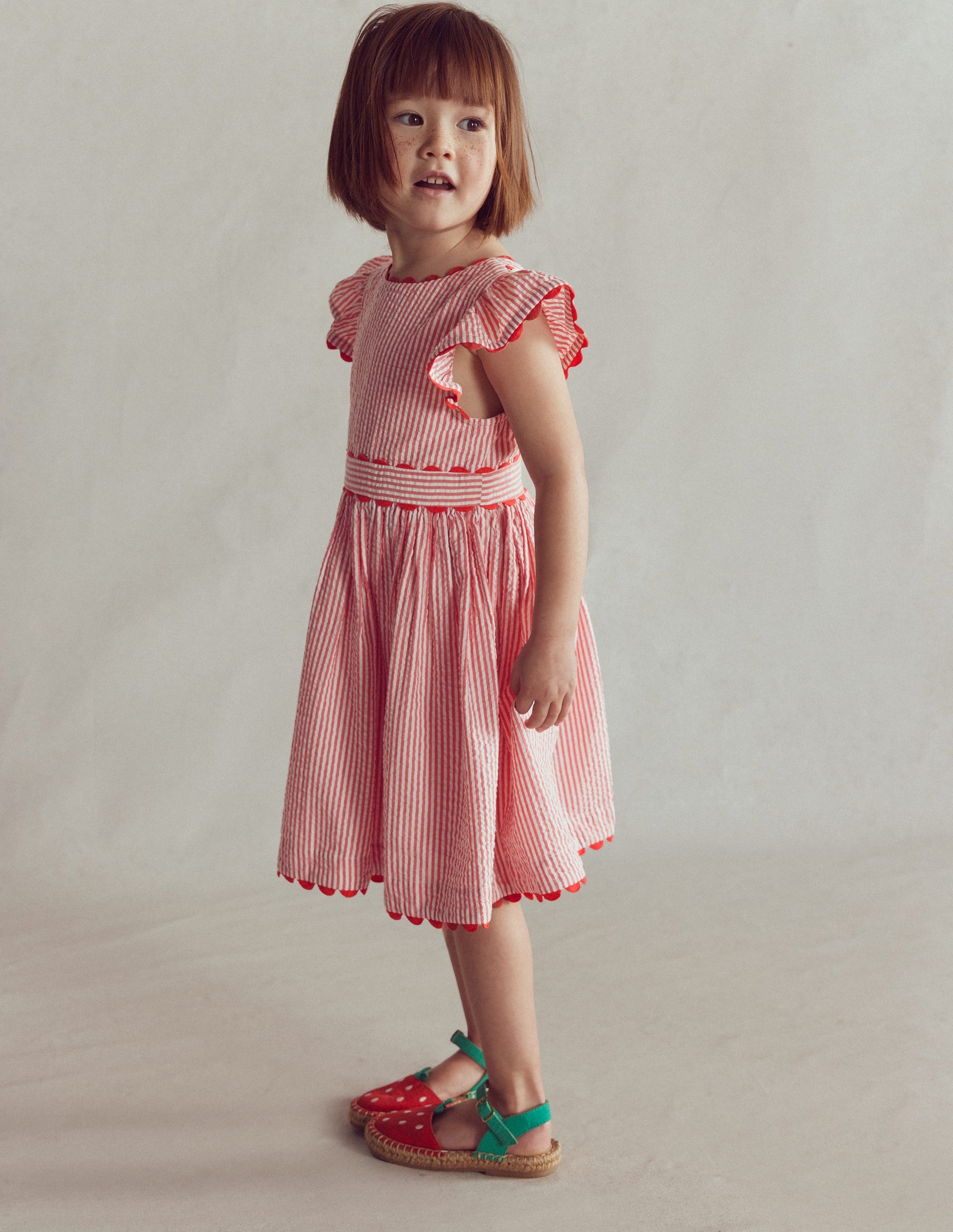Ric Rac Trim Flutter Dress-Red Stripe-1