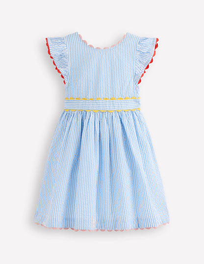 Ric Rac Trim Flutter Dress-Sapphire Blue Stripe-1