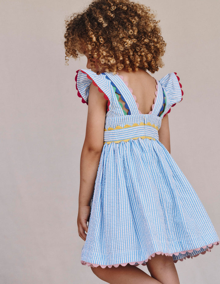Ric Rac Trim Flutter Dress-Sapphire Blue Stripe