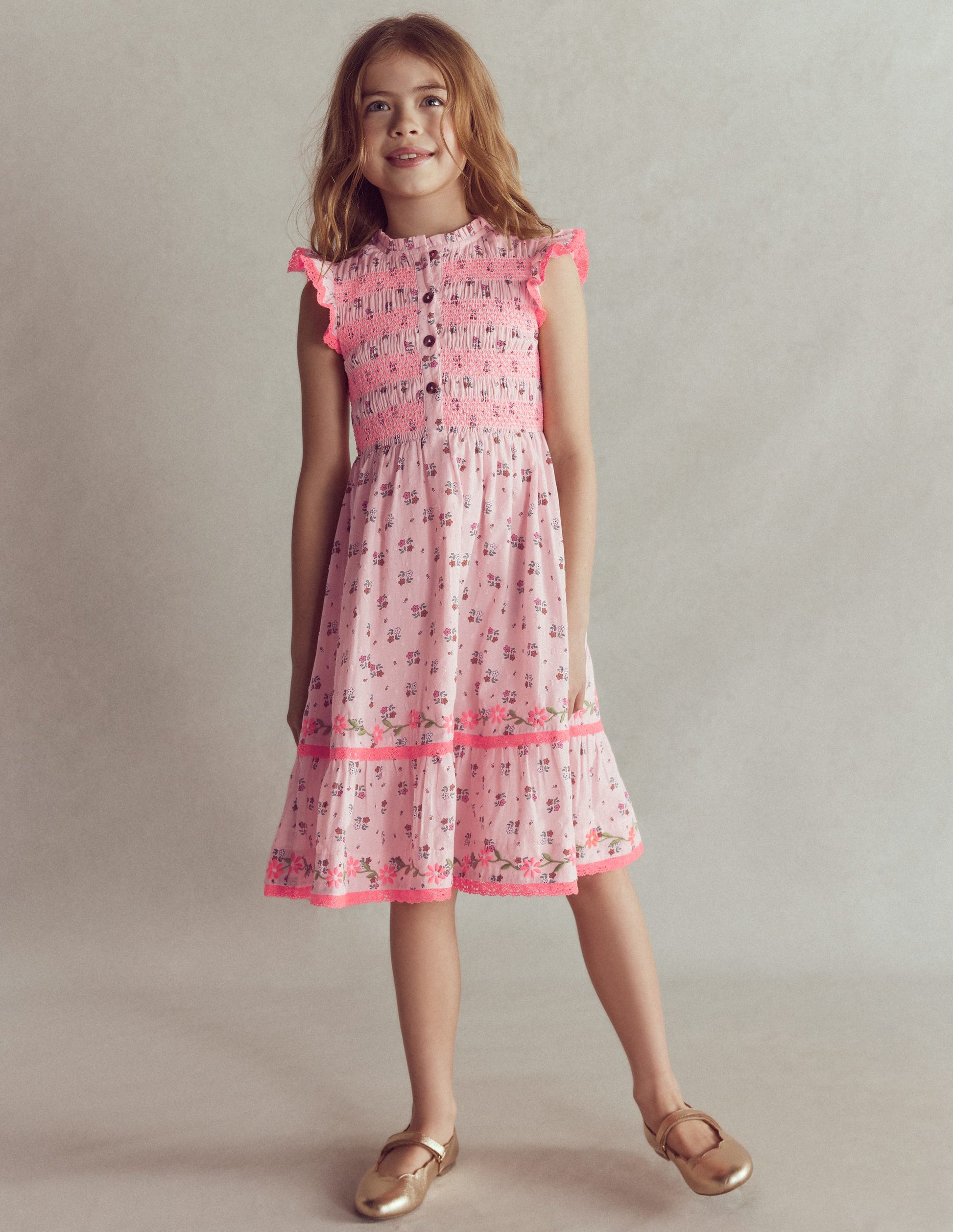 Shirred Bodice Midi Dress-Chalk Pink Daisy Chain-1