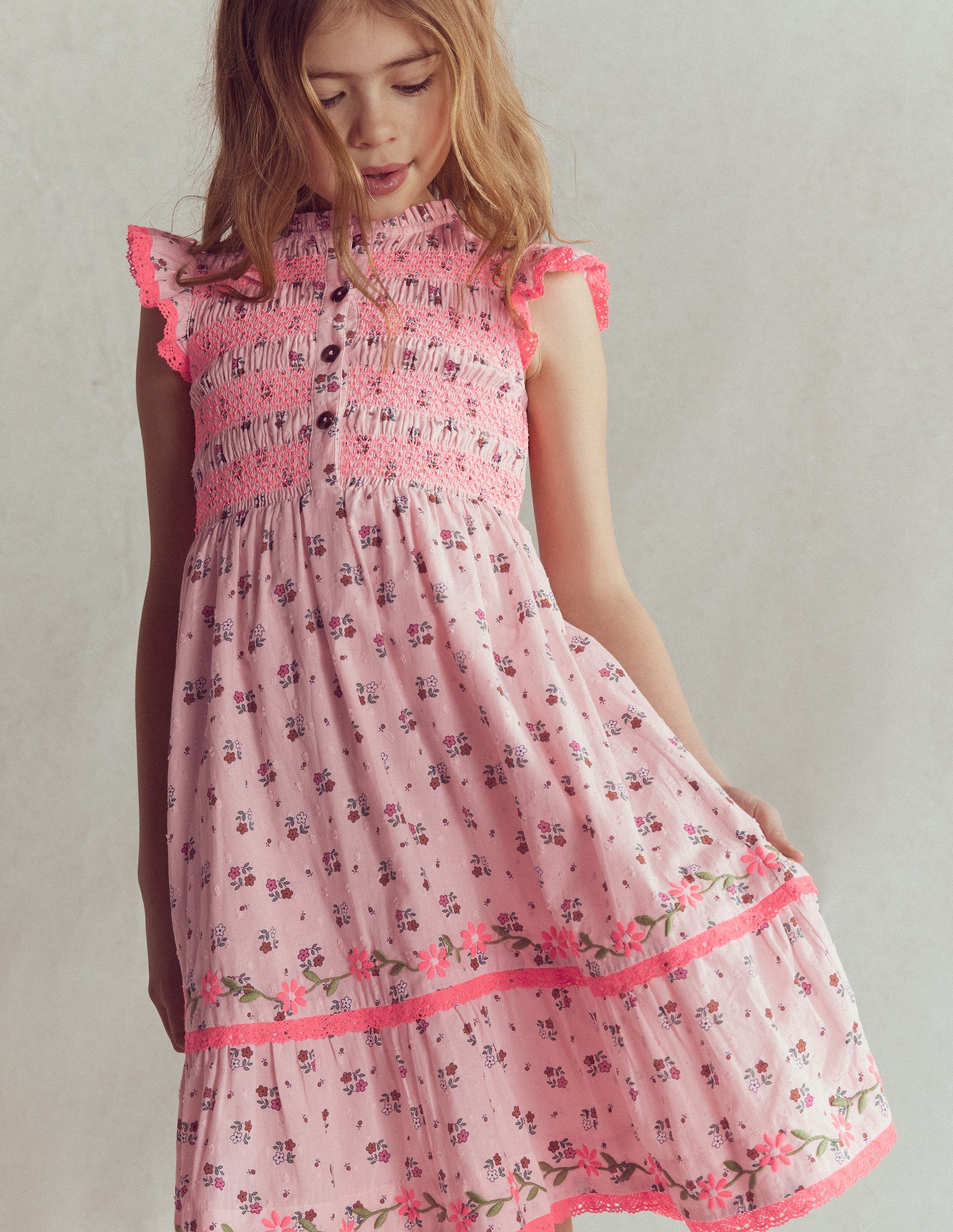 Shirred Bodice Midi Dress-Chalk Pink Daisy Chain-3