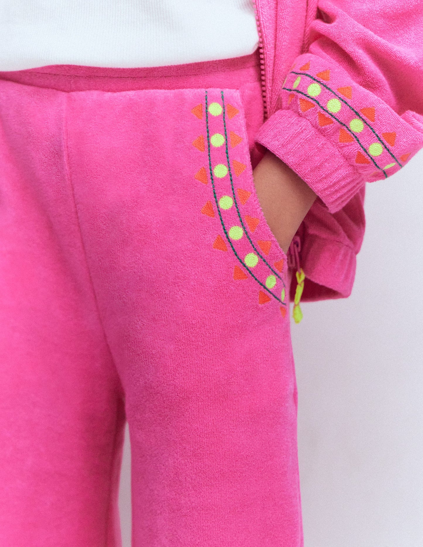 Straight Towelling Trousers-Pink Embroidered