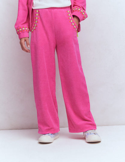 Straight Towelling Trousers-Pink Embroidered-1