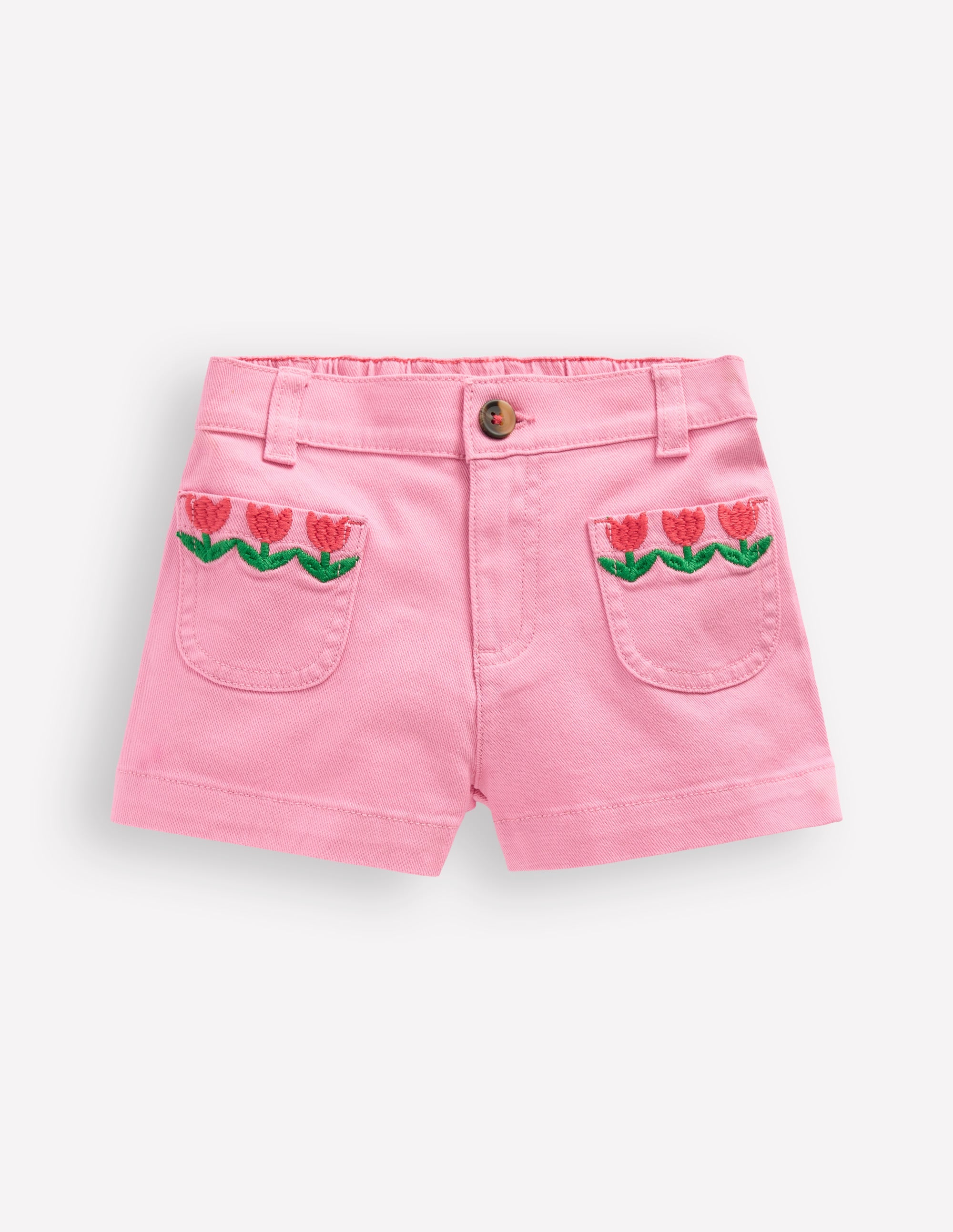 Patch Pocket Shorts-Pink Embroidered Denim - Image 1