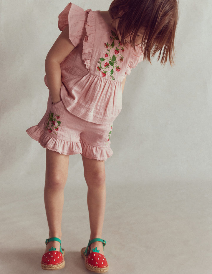 Frill Woven Shorts-Lotus Strawberry