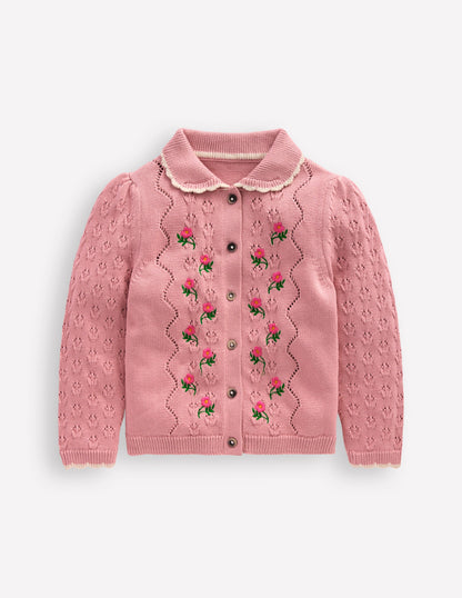 Collared Pointelle Cardigan-Vintage Pink-2