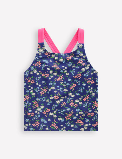 Cross-Back Tankini Top-Sapphire Blue Meadow Floral-1