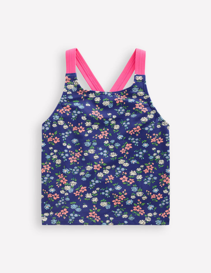 Cross-Back Tankini Top-Sapphire Blue Meadow Floral