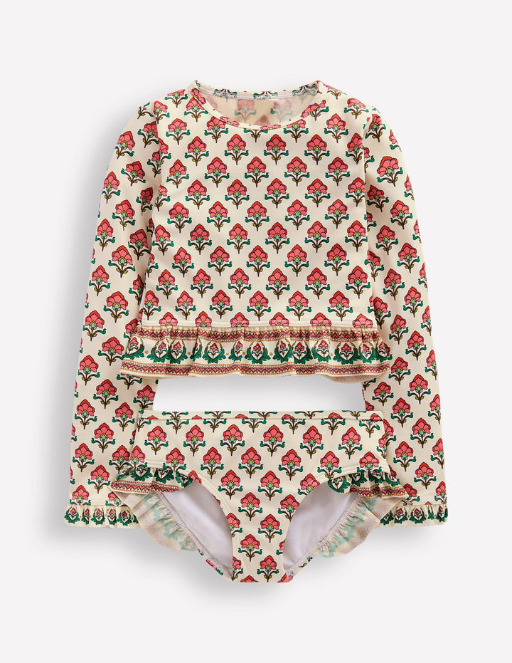 Long Sleeve Frill Set-Soft Ivory Woodblock Flower