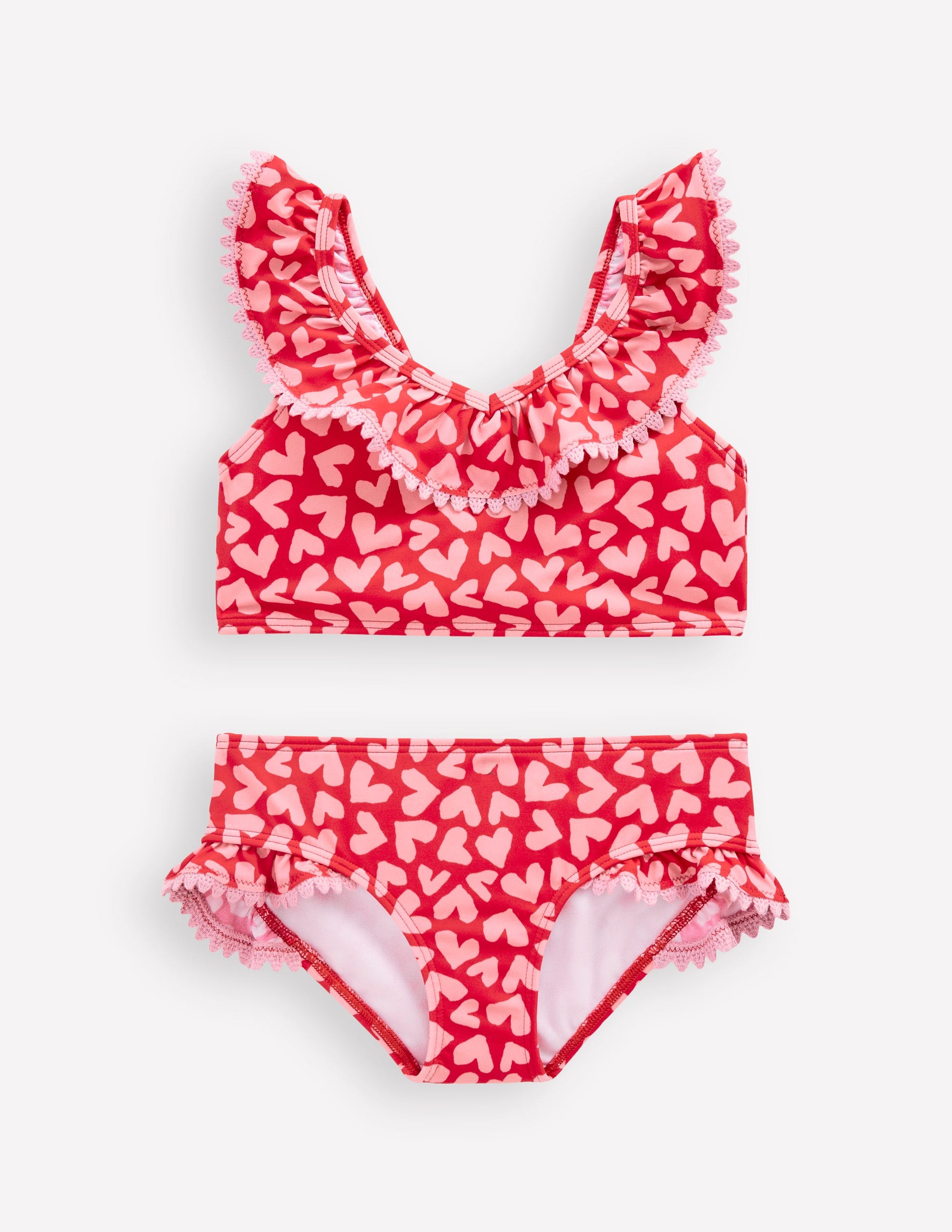 Frill V-neck Bikini Set-Rockabilly Red Collage Hearts-1