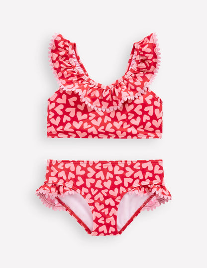 Frill V-neck Bikini Set-Rockabilly Red Collage Hearts-1