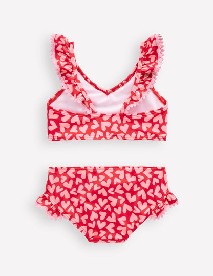 Frill V-neck Bikini Set-Rockabilly Red Collage Hearts-2